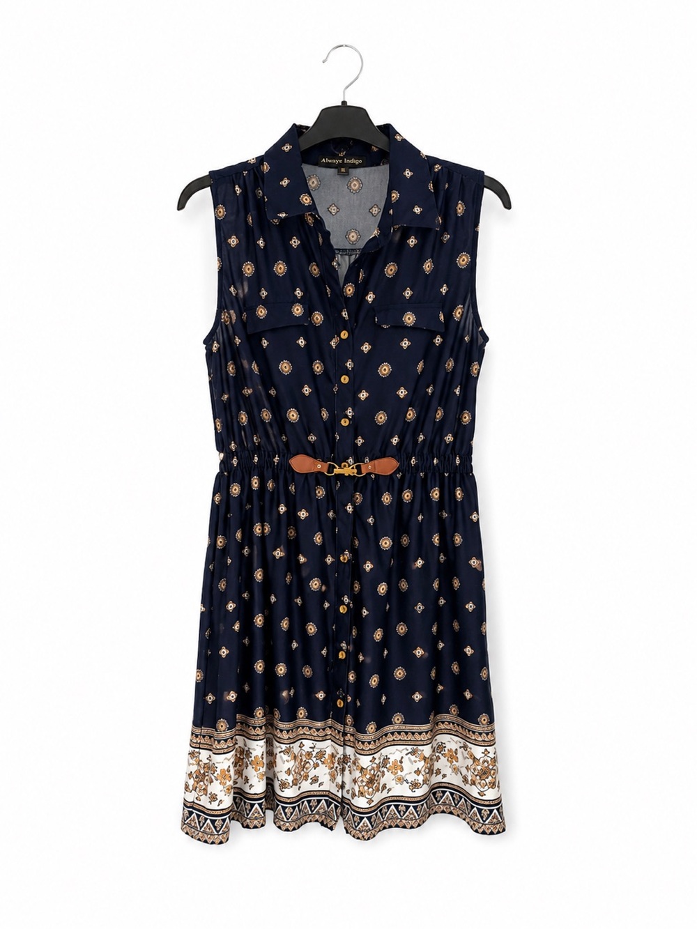Sleeveless Navy Printed Midi Shirt Dress with Tan Belt